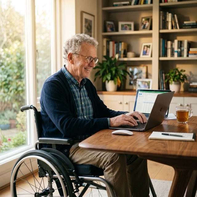 Elderly handicapped individual successfully working and collaborating remotely