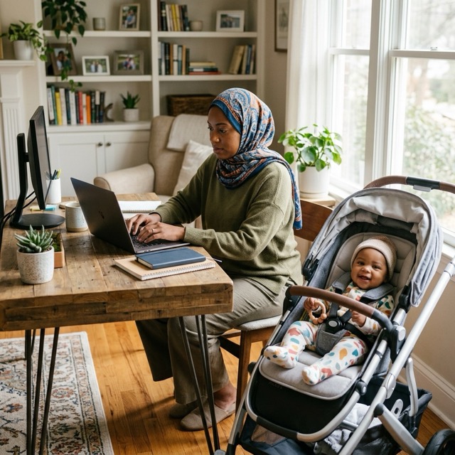 African American woman wearing hijab working professionally from home