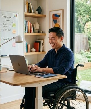Diverse professionals and disabled individuals working from home happily
